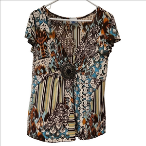 Top Womens Circle Buckle V-Neck Multicolor Abstract Design Babydoll Y2K Hippie